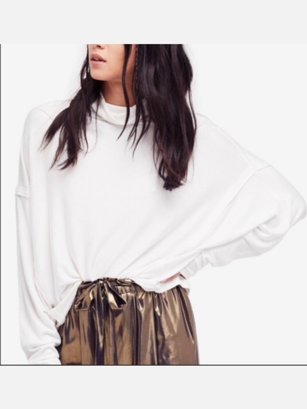 Free People Lightweight Cream Mock Neck Long Sleeve Top Alameda Top
